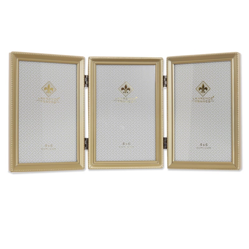 Lawrence Frames Antique Brass 4x6 Hinged Triple Picture Frame - Bead Border Design, Satin Gold - Image 2
